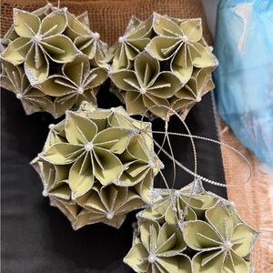 Silver and Green Origami Ornaments - pearl accents set of 4